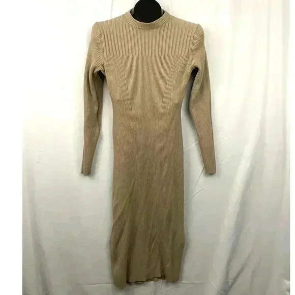Light Brown Long Sleeve Ribbed Sweater Dress MEDIUM Pullover Prologue - Picture 7 of 9